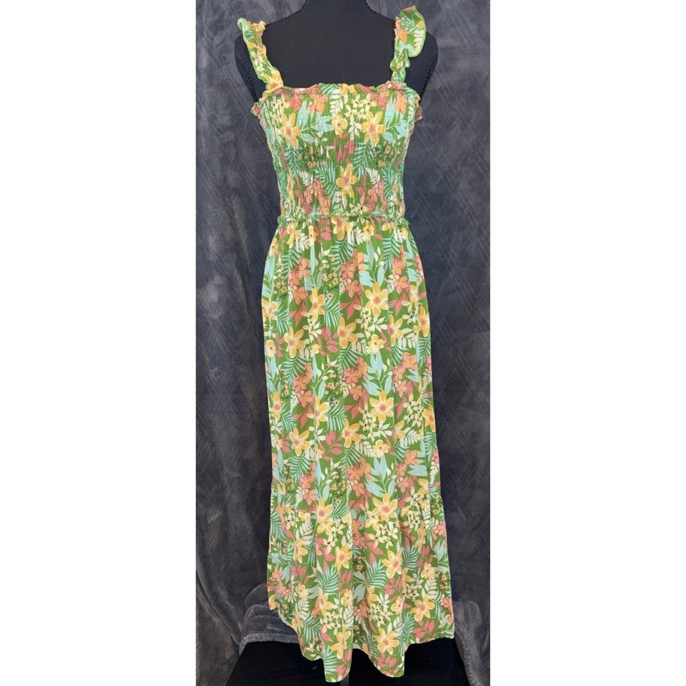 Sun Dress Multi Flower Tiered Ruffle Midi Smocked Bodice Boho Fairy Hippie S-M